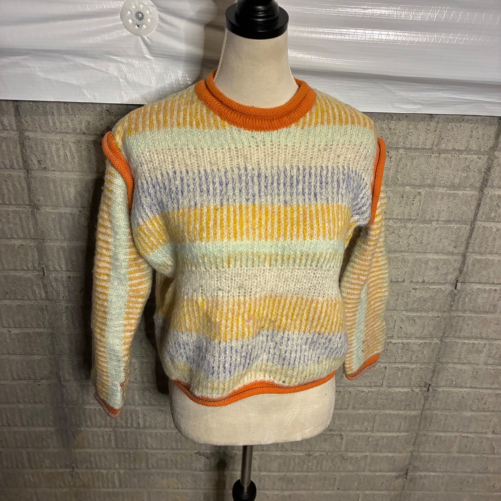 Urban Outfitters Womens Striped Knit Sweater‎ Orange Yellow Blue XS Exposed Seam